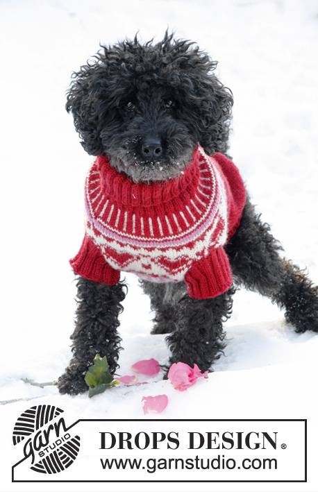 Valentino / DROPS Extra 0-1010 - Pull de Noël tricoté pour chien, avec jacquard cœurs, en  DROPS Karisma. Du XS au L.