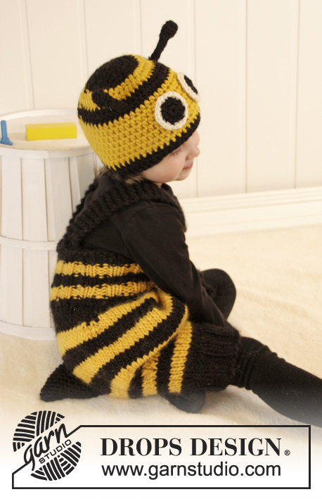 Bee Happy / DROPS Extra 0-1013 - DROPS Karneval: Gestrickte Bienen - Hose und gehäkelte Bienen - Mütze für Babys und Kinder in DROPS Snow mit Streifen. Größe 1-6 Jahre.