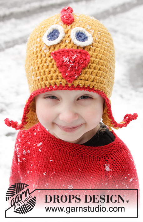 Chip / DROPS Extra 0-1016 - Crochet DROPS chicken hat with ear flaps in ”Alaska”. Size 1-8 years