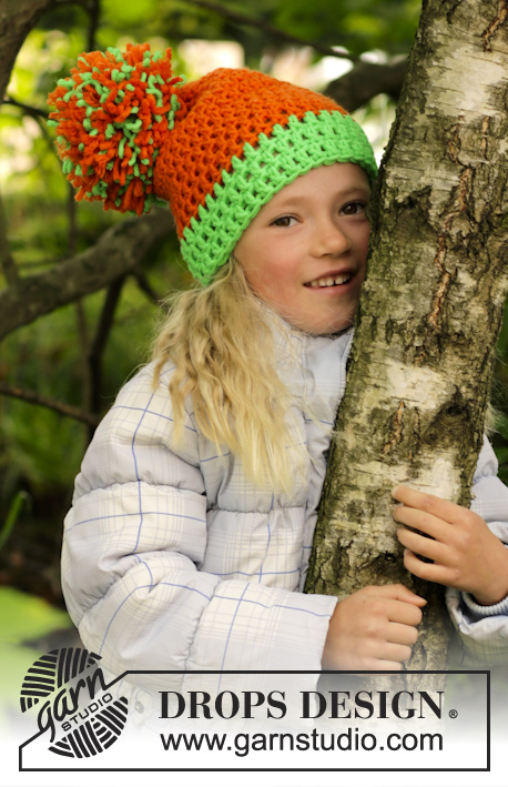 Pumpkin Spice / DROPS Extra 0-1028 - Crochet DROPS hat with large pompom in Peak or Snow.