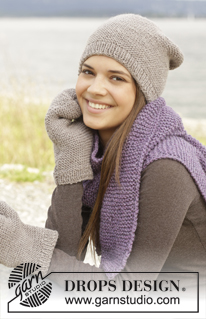Maribel / DROPS Extra 0-1036 - Knitted DROPS hat, mittens and scarf in garter st in ”Karisma”.