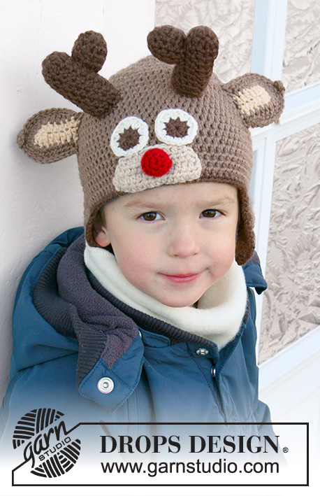 Little Rudolph / DROPS Extra 0-1049 - Crochet hat for baby and children in DROPS Lima. Piece is worked as a reindeer with antlers and ears. Size 6 months to 10 years. Theme: Christmas