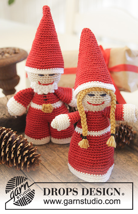 Meet The Kringles / DROPS Extra 0-1063 - DROPS Kerst: gehaakte Kerstman en Kerstvrouw van Cotton Viscose.