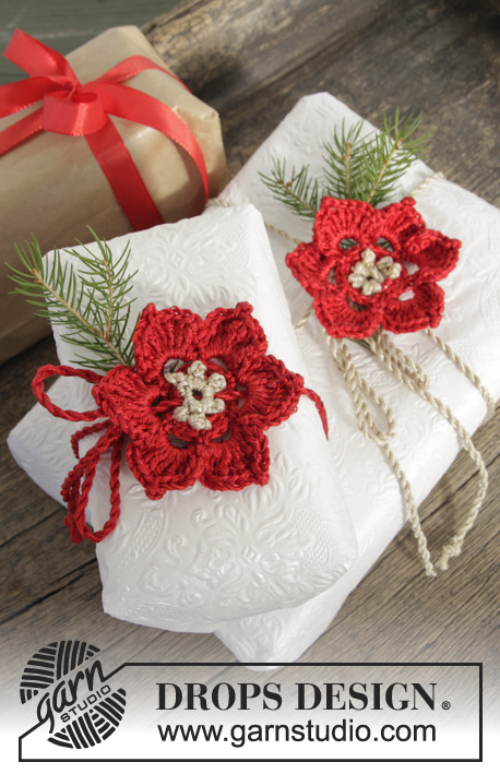 It's A Wrap! / DROPS Extra 0-1068 - DROPS Jul: Hæklet DROPS blomst i ”Cotton Viscose” og ”Glitter”