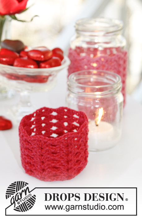 Love Spell / DROPS Extra 0-1078 - DROPS Valentine: Crochet candle holder cover in DROPS Cotton Merino.