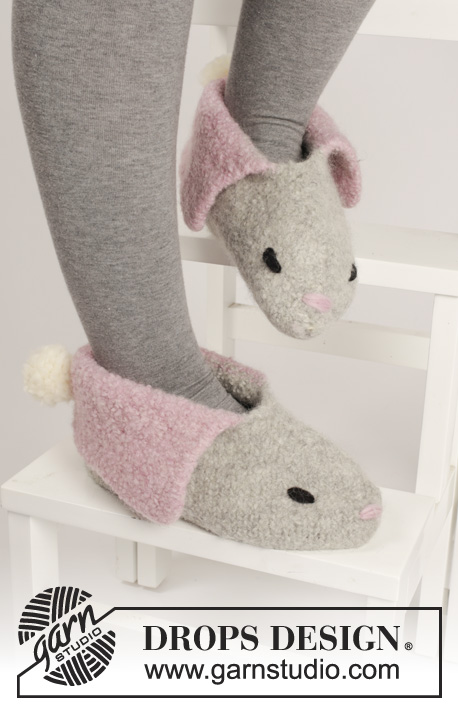 Bunny Hop / DROPS Extra 0-1100 - DROPS Easter: Knitted and felted DROPS bunny slippers inSnow.