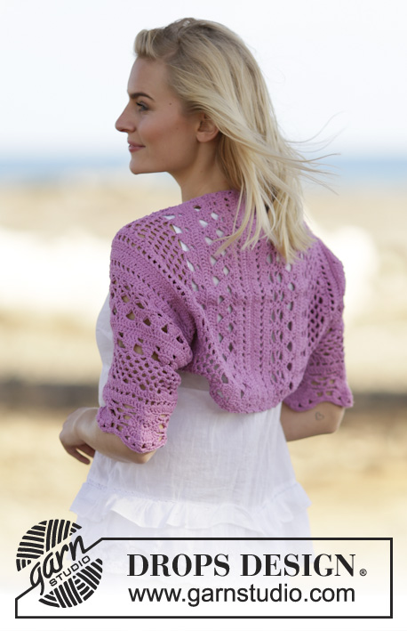 Freshly Sweet / DROPS Extra 0-1122 - Crochet DROPS bolero with lace pattern in ”Cotton Light”. Size: S - XXXL.
