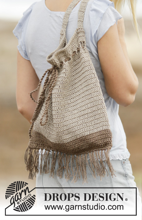 Day Out / DROPS Extra 0-1130 - Crochet bag/tote bag with ties and fringes in DROPS Bomull-Lin or DROPS Paris