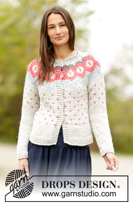 Winter Poppies Cardigan / DROPS Extra 0-1137 - Knitted DROPS jacket with round yoke and Nordic pattern in “Andes”. Size: S - XXXL.