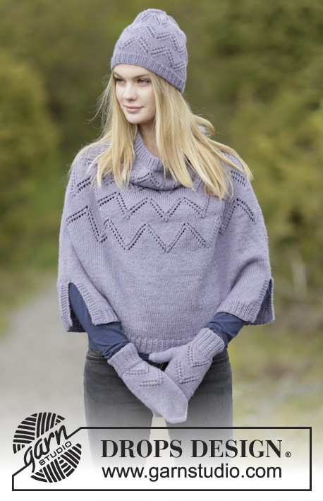 Winter Waves / DROPS Extra 0-1145 - Set consists of: Knitted DROPS hat, poncho and mittens with lace pattern and rib in ”Merino Extra Fine”.