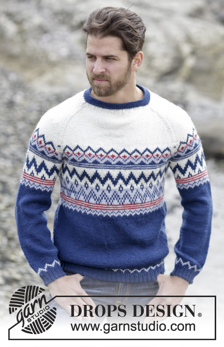 Ólafur / DROPS Extra 0-1146 - DROPS pánský raglánový pulovr s norským vzorem pletený shora dolů z příze Karisma nebo Merino Extra Fine. Velikost: S-XXXL.