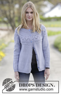 Lovely & Blue Cardigan / DROPS Extra 0-1151 - Knitted DROPS jacket with lace pattern, round yoke and moss st in ”Merino Extra Fine”. Size: S - XXXL.