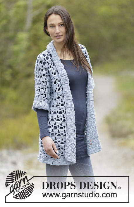 Bon Soir / DROPS Extra 0-1153 - Crochet DROPS jacket with lace pattern and shawl collar in ”Big Merino”. Size: S - XXXL.