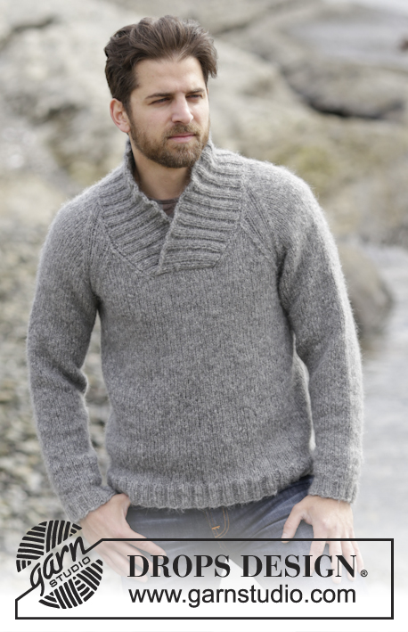 Aberdeen / DROPS Extra 0-1159 - Men's knitted sweater in DROPS Air, with raglan and shawl collar. Size: S - XXXL.
