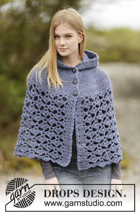 Erendruid / DROPS Extra 0-1166 - Crochet DROPS cape with hood, fan pattern, worked top down in ”Andes”. Size: S - XXXL.