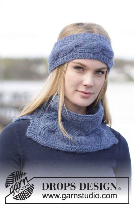 DROPS Extra 0-1172 - Set consists of: Knitted DROPS head band and neck warmer with cables in “Brushed Alpaca Silk” and “Alpaca”.