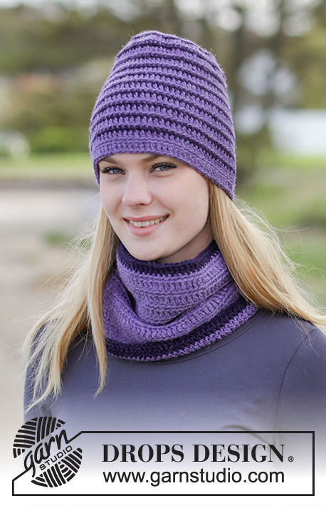 DROPS Extra 0-1174 - Set consists of: Crochet DROPS hat with stripes, worked top down, and neck warmer in “Nepal”.