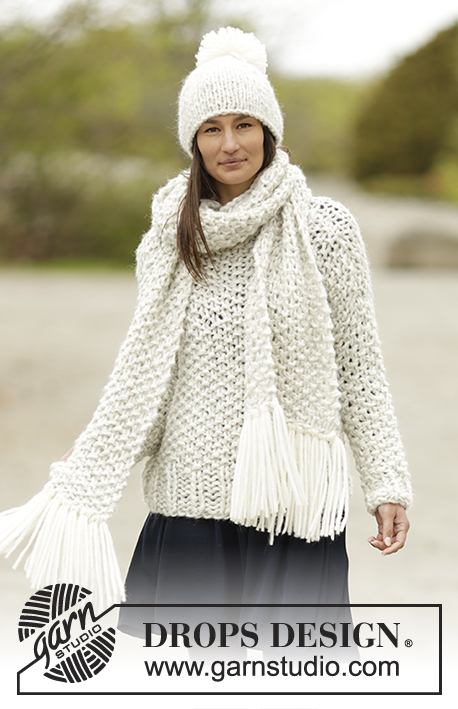 Snow Storm / DROPS Extra 0-1187 - Knitted DROPS jumper, scarf and hat with moss st in 2 strands Cloud or 4 strands Air. Size: S - XXXL.