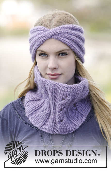 Warm Lavender / DROPS Extra 0-1234 - Conjunto de: Banda para la cabeza y cuello DROPS con resorte, en “Snow”.