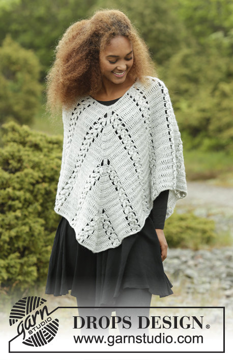Cornerpiece / DROPS Extra 0-1308 - Crochet DROPS poncho with fan pattern, worked top down in ”Merino Extra Fine”. Size S - XL.