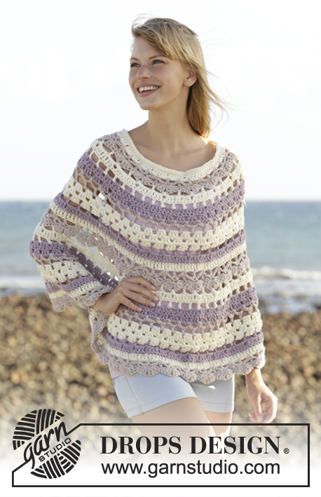 Newport / DROPS Extra 0-1309 - Crochet DROPS poncho in Big Merino. Worked top down with lace pattern. Size: S - XXXL.