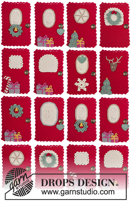 Advent Calendar Doors / DROPS Extra 0-1392 - 24 hæklede kalenderlåger med pynt til jul. Arbejdet er hæklet i DROPS Safran