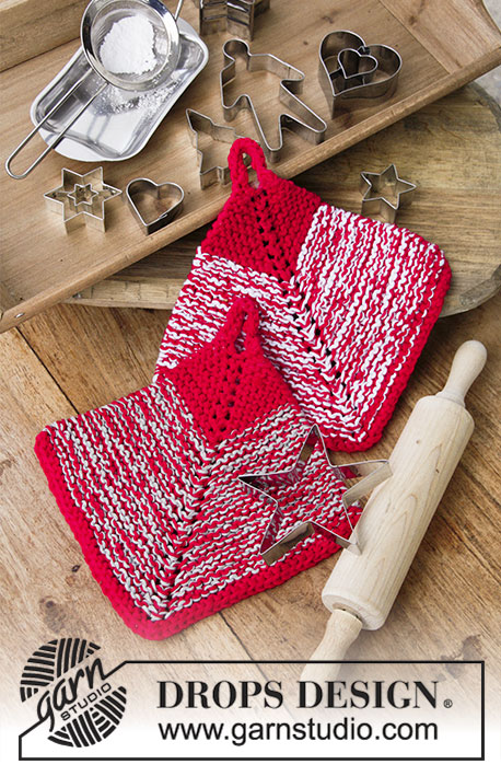 Let's Bake / DROPS Extra 0-1405 - Christmas potholders, knitted as a domino square with garter stitch and stripes. The piece is worked in 2 strands DROPS Cotton Light.