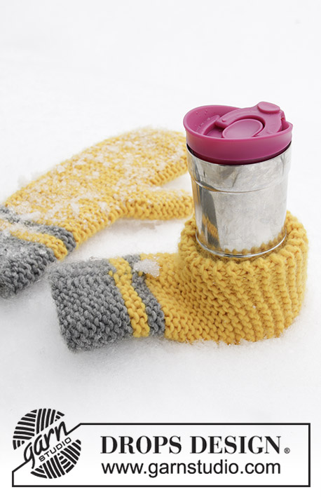 Keep It Warm / DROPS Extra 0-1422 - Moufles classiques et moufles avec porte-bouteille ou porte-canette tricotées en DROPS Snow. Rayures et point mousse. Thème: Pâques