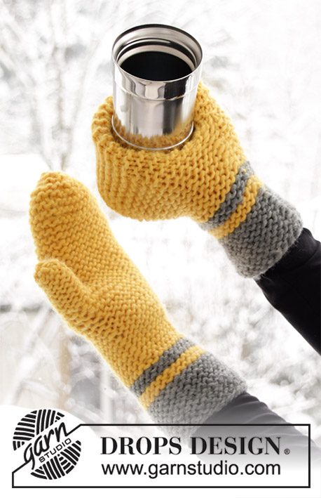 Keep It Warm / DROPS Extra 0-1422 - Moufles classiques et moufles avec porte-bouteille ou porte-canette tricotées en DROPS Snow. Rayures et point mousse. Thème: Pâques