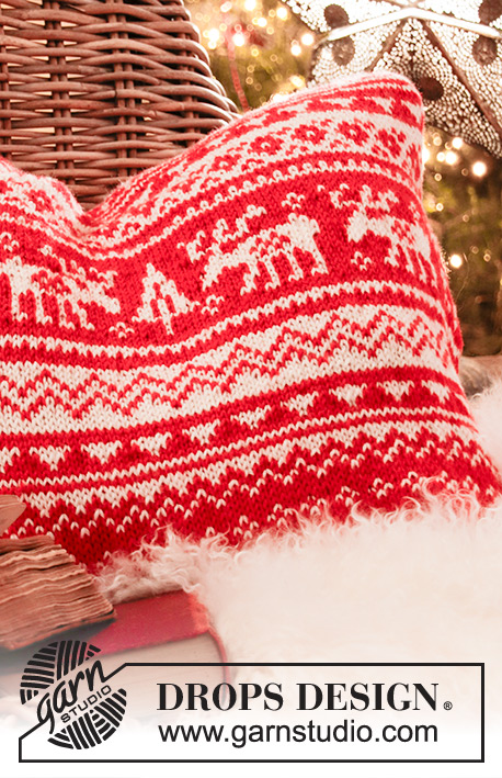 Christmas Nook / DROPS Extra 0-1432 - Pokrowiec na poduszkę na drutach, z włóczki DROPS Karisma, z żakardem norweskim w renifery. 
Temat: Boże Narodzenie.