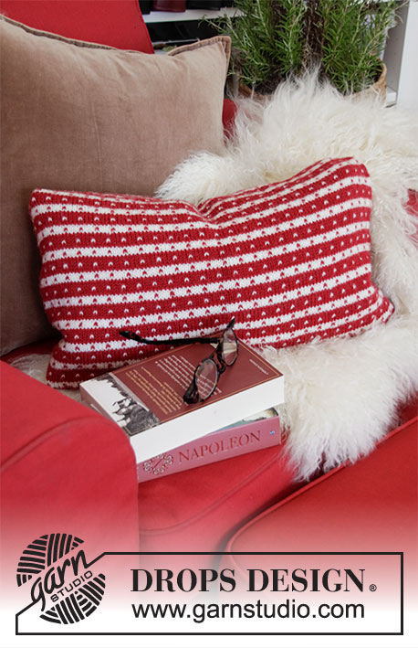 Candy Cane Lane Nap / DROPS Extra 0-1475 - Knitted cushion-cover for Christmas in DROPS Merino Extra Fine. Theme: Christmas.