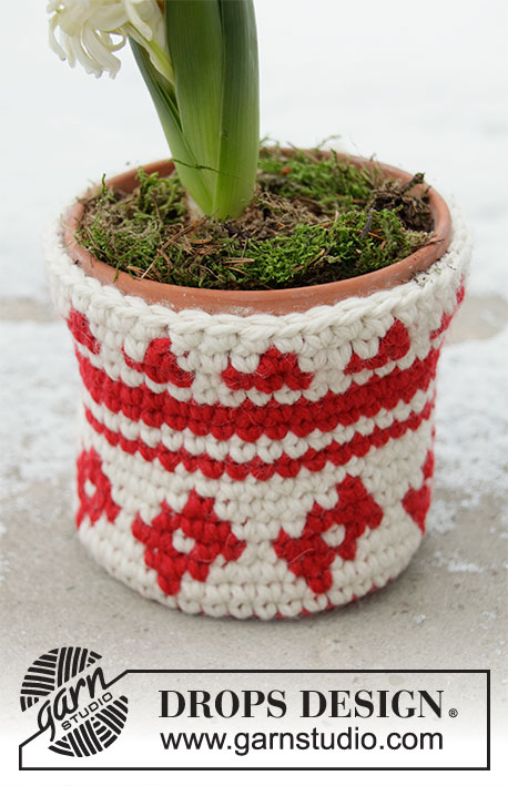 Blooming Season / DROPS Extra 0-1479 - Cache-pot crocheté en DROPS Snow. 
Thème: Noël.