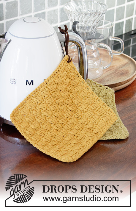 Tea Break / DROPS Extra 0-1483 - Crochet pot-holder with puff stitches in DROPS Paris. Theme: Easter