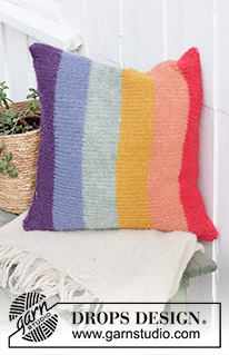 Rainbow Pillow / DROPS Extra 0-1487 - Knitted cushion cover with rainbow stripes in DROPS Brushed Alpaca Silk. Fits cushion size 50x50 cm = 19 3/4”x19 3/4”.