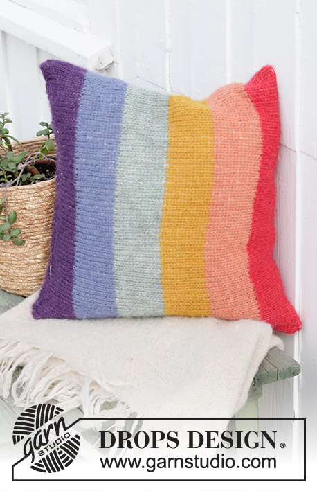 Rainbow Pillow / DROPS Extra 0-1487 - Knitted cushion cover with rainbow stripes in DROPS Brushed Alpaca Silk. Fits cushion size 50x50 cm = 19 3/4”x19 3/4”.