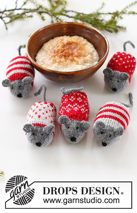 Christmas Mice / DROPS Extra 0-1548 - Knitted Mouses Christmas decoration, with Nordic pattern and stripes in DROPS Fabel. Theme: Christmas.