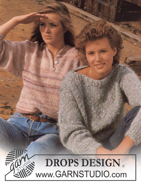 DROPS Extra 0-155 - Strikket genser i DROPS Musarde med halssplitt og strikket genser i DROPS Magia med båthals .  Størrelse  Medium. Tema: Løsmønstre-1
