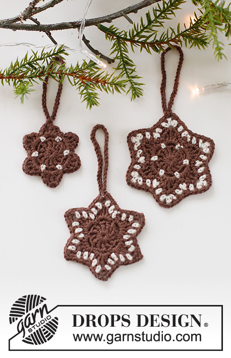 Gingerbread Stars / DROPS Extra 0-1554 - Perníková hvězdička – ozdoba háčkovaná z příze DROPS BabyMerino. Motiv: Vánoce
