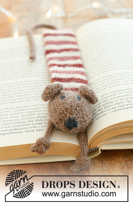 Library Mouse / DROPS Extra 0-1576 - Zakładka do książki na drutach, w paski, z włóczki DROPS Alpaca. Temat: Boże Narodzenie.