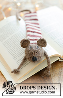 Library Mouse / DROPS Extra 0-1576 - Segnalibro con topo lavorato ai ferri, con strisce in DROPS Alpaca. Tema: Natale.