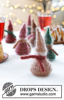 Breakfast Elves / DROPS Extra 0-1579 - 2 Kid-Silk lõngaga alt üles kootud kaunistus jõuludeks - mütsi ja salliga päkapikk
