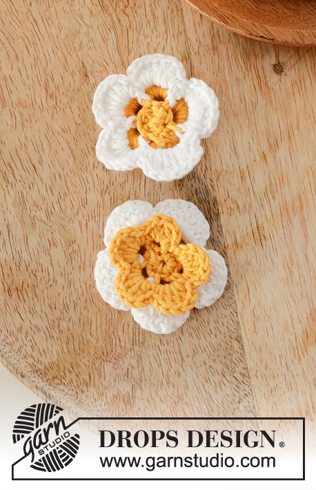 Sweet Daffodils / DROPS Extra 0-1593 - Flor crochetada em redondo, a partir do centro, em DROPS Safran.