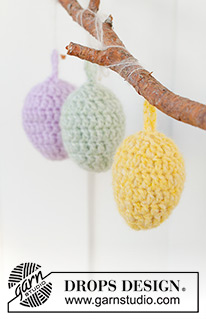 Easter Eggs / DROPS Extra 0-1596 - Ovos decorativos de Páscoa crochetados em DROPS Air. Crochetam-se em redondo, de cima para baixo. Tema: Páscoa.