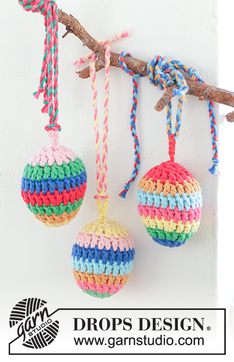 Easter Eggs / DROPS Extra 0-1598 - Crocheted decoration-eggs in DROPS Paris. The piece is worked in the round, bottom up, with stripes. Theme: Easter.