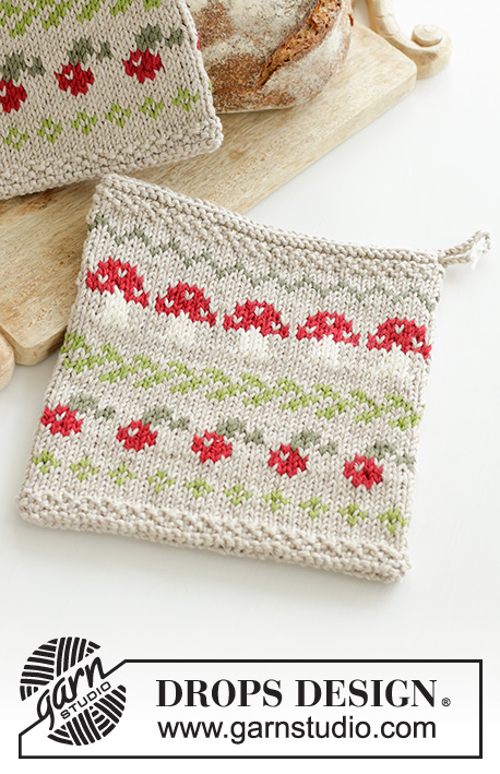 Mushroom Season Potholders / DROPS Extra 0-1603 - Knitted pot holders in DROPS Cotton Light. The piece is worked with a multi-colored pattern of fungus and berries. Theme: Christmas.