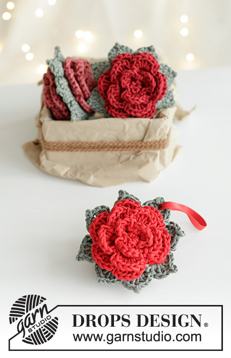 Flower Favors / DROPS Extra 0-1606 - Crocheted decorative flower in DROPS Muskat. Theme: Christmas.