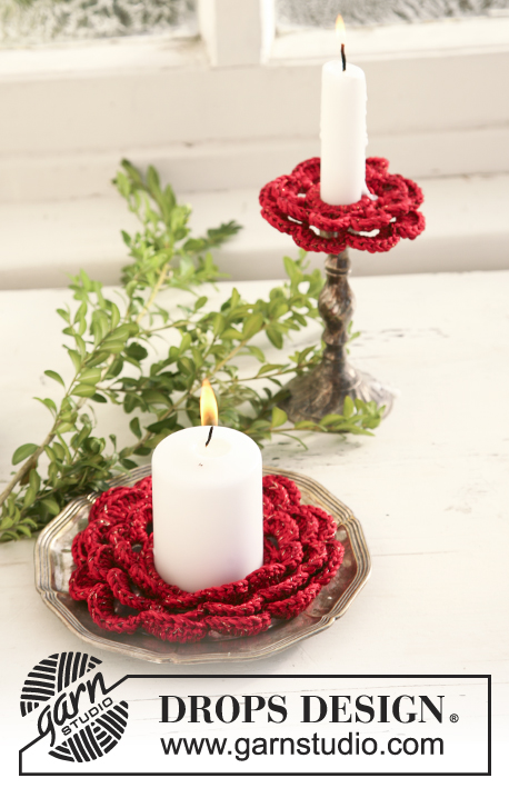 DROPS Extra 0-519 - Crochet candle holder decoration in DROPS Cotton Viscose and DROPS Glitter. Theme: Christmas