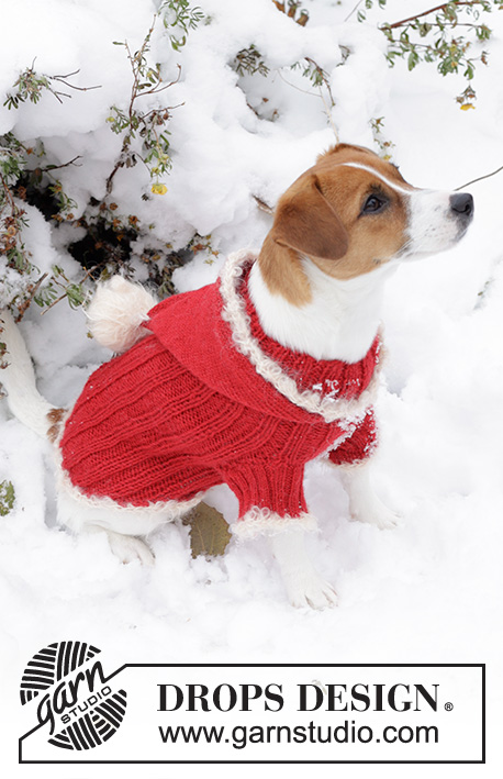 Santa's BFF / DROPS Extra 0-521 - Knitted dog jumper in DROPS Alpaca and DROPS Puddel or Melody. The piece is worked from neck to tail with rib, hood and crocheted edges. Sizes XS - M. Theme: Christmas