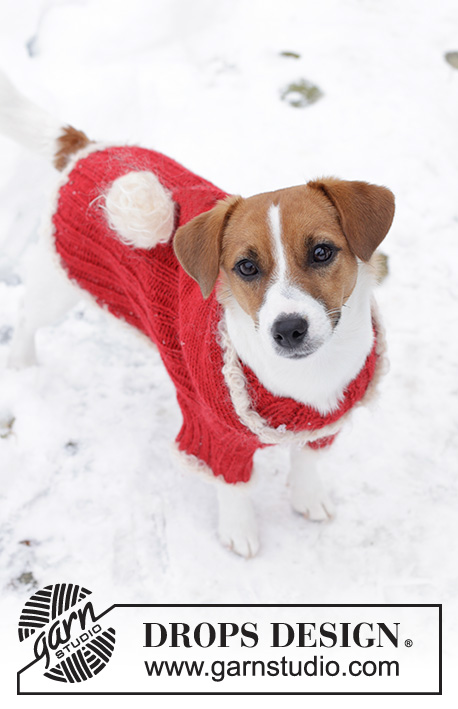 Santa's BFF / DROPS Extra 0-521 - Pull pour chien tricoté en DROPS Alpaca et DROPS Puddel ou Melody. Se tricote à partir du col, avec côtes, capuche et bordure au crochet. Du XS au M. Thème: Noël