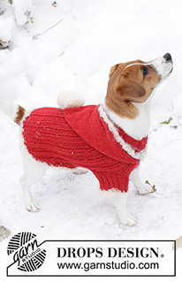 Santa's BFF / DROPS Extra 0-521 - Strikket hundegenser / genser til hund i DROPS Alpaca og DROPS Puddel eller Melody. Arbeidet strikkes fra halsen til halen i vrangbord med hette og heklekanter. Størrelse XS - M. Tema: Jul